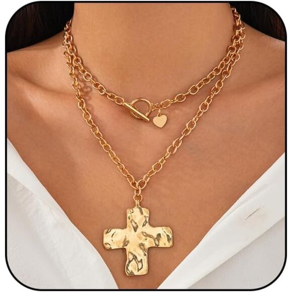 Women Gold  Statement Layered Hammered Bold Cross Vintage Toggle Clasp Necklace - Picture 1 of 6